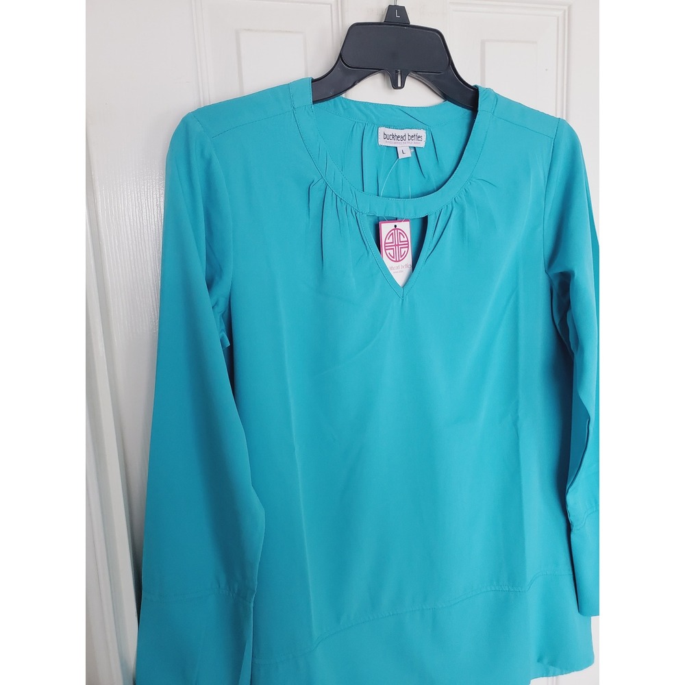 Buckhead Betties Sullivan Shirt Turquoise Blue Keyhole Blouse Lightweight Large